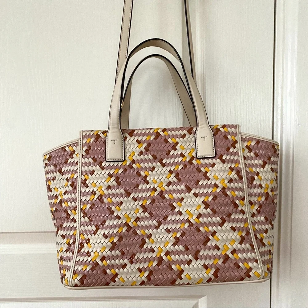 $595 Tory Burch Thea Woven Cream Pink Leather Tassels Crossbody Satchel Bag